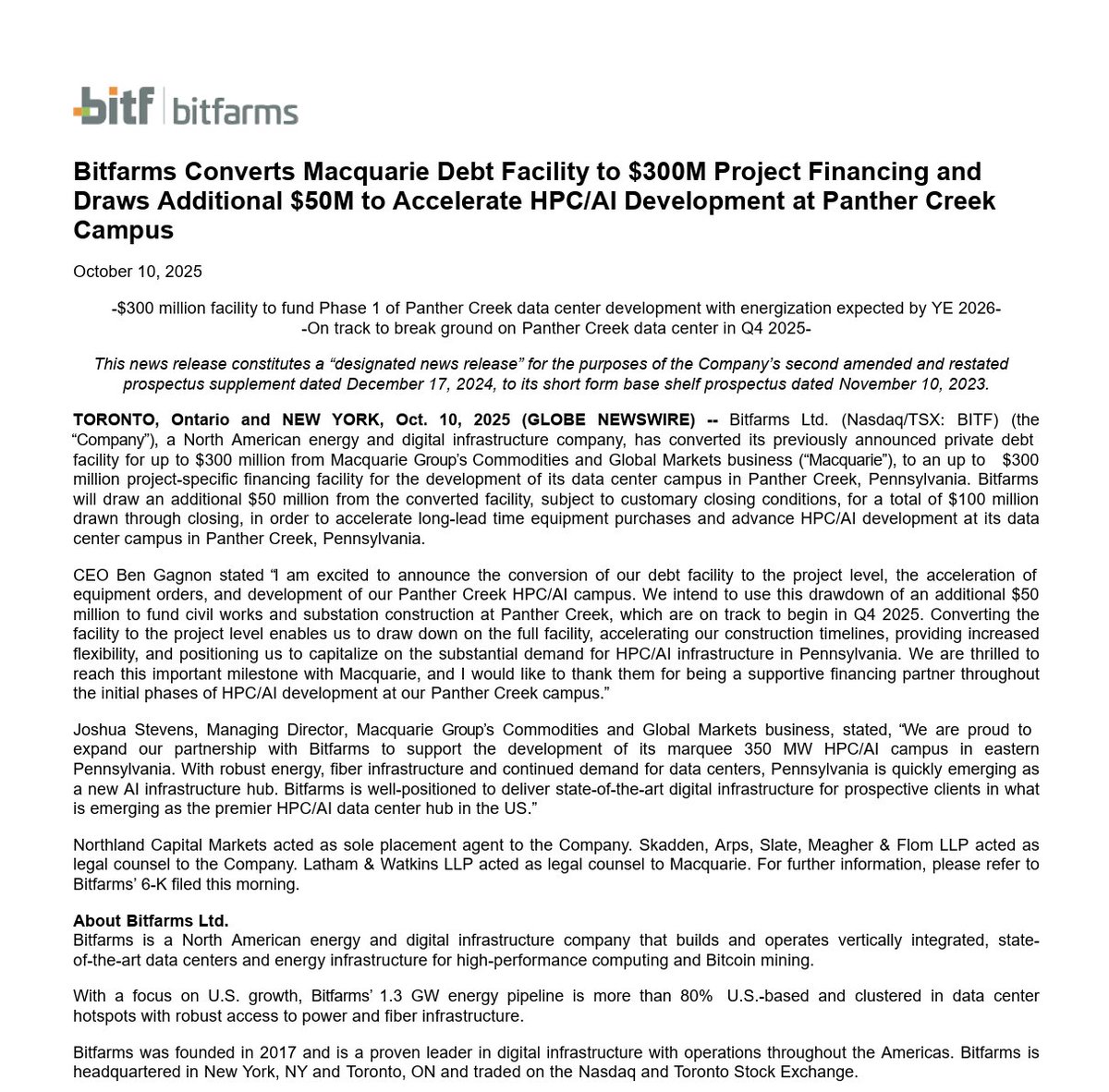 $BITF Press Release

Converted its $300M Macquarie debt facility into project financing for the Panther Creek HPC/AI data center

-Drawing $50M now to kickstart construction in Q4 2025

-Energization expected by end of 2026

-Positions $BITF to capitalize on the growing AI