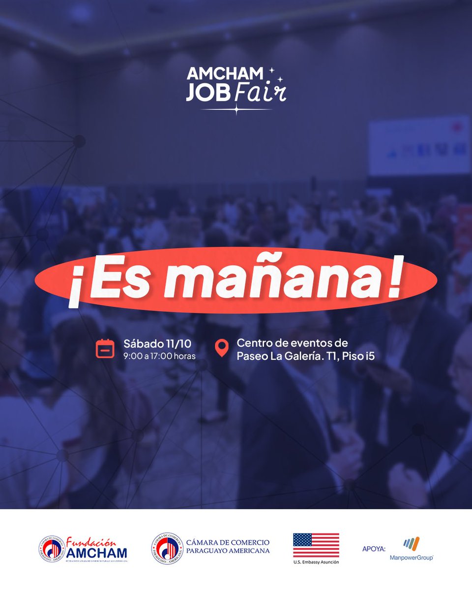 FundacionAMCHAM's tweet image. Tu talento tiene una cita con las mejores oportunidades. 🌟
¡AmCham Job Fair es MAÑANA!
Te esperamos!
📅 Sábado 11 de octubre
⏰ De 09:00 a 17:00
📍Centro de eventos del Paseo La Galería, T1, Piso i5