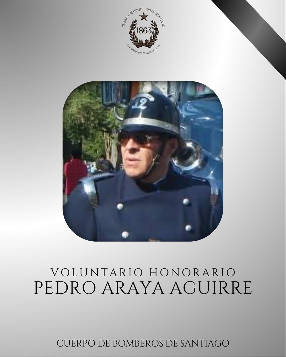 Comandantecbs's tweet photo. Quiero hacer llegar mi más sentido pésame a la @duodecimacbs12 , por la partida del Voluntario Honorario, Pedro Araya Aguirre (Q.E.P.D.), con más de 24 años de servicio.
Mis condolencias para todos los integrantes de la Duodécima Compañía, sus amigos y su familia. https://t.co/we4AUIUNo0