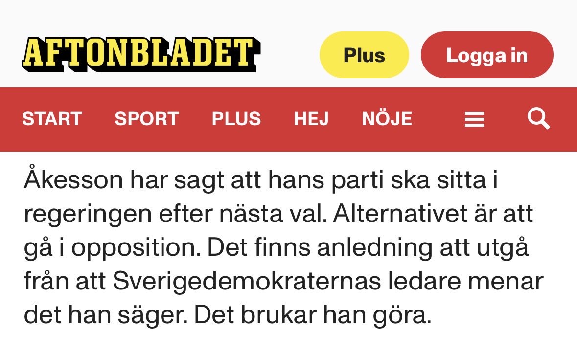 sdkarlsson's tweet image. Det säger ganska mycket om en ledares karaktär när även svurna motståndare ger omdömen av den här typen:
”Det finns anledning att utgå ifrån att Sverigedemokraternas ledare menar vad han säger. Det brukar han göra.”