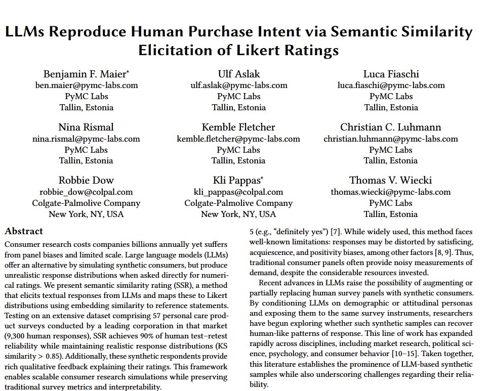 emollick's tweet image. This paper shows that you can predict actual purchase intent (90% accuracy) by asking an LLM to impersonate a customer with a demographic profile, giving it a product & having it give its impressions, which another AI rates.
No fine-tuning or training & beats classic ML methods.