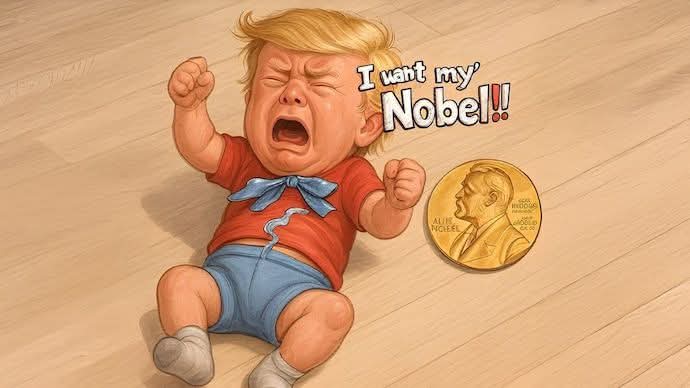 Bhaveshlivelife's tweet image. So the Nobel Peace Prize has just been announced — and Trump’s been snubbed.

Instead, it’s gone to a Venezuelan opposition leader, María Corina Machado, who’s apparently been “tirelessly promoting democracy” in her country.

All isn’t lost for the Trumpet though.
If his…