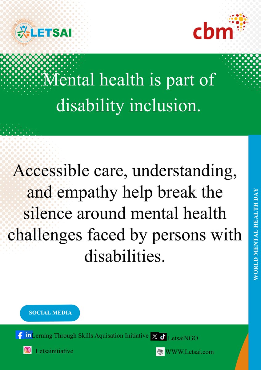 LetsaiNgo's tweet image. Inclusion isn’t complete until every mind is cared for.

#WorldMentalHealthDay 
#InclusionMatters 
#DisabilityInclusion 
#InclusiveMinds 
#MentalHealthForAll 
#LeaveNoOneBehind

@UNICEF
@UN
@IDA_CRPD_Forum
@healthgovau
@UNWomenWatch
@UN_Women