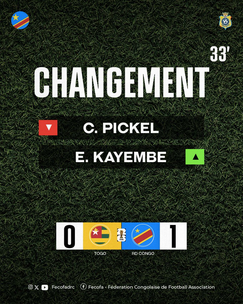 FecofaRdc's tweet photo. 🔄 33’ – Changement pour la RDC 🇨🇩
Touché, Charles Pickel cède sa place à Edo Kayembe.
👉 Score : Togo 0–1 RD Congo 38'
#TOGRDC #ÉlimCdM2026 #AllezLesLéopards 🐆💪🏾 https://t.co/dPB0IViwBr