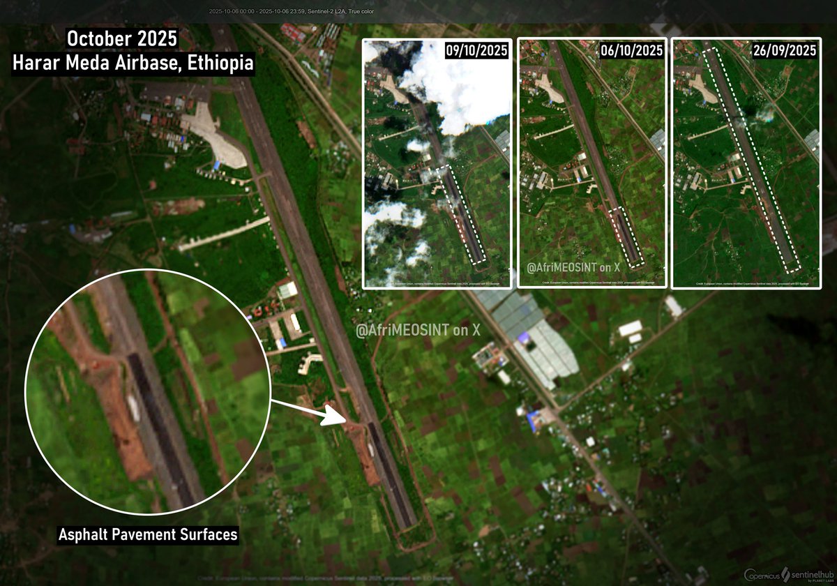 We now know why the 🇦🇪 UAE -linked suspicious cargo flights are landing at Bole Airport in Addis Ababa 🇪🇹 instead of Harar Meda Airbase 🇪🇹.

The main Ethiopian Air Force base is currently under rehabilitation, with new asphalt surfacing visible on the runway as of 6 &amp; 9 Oct.