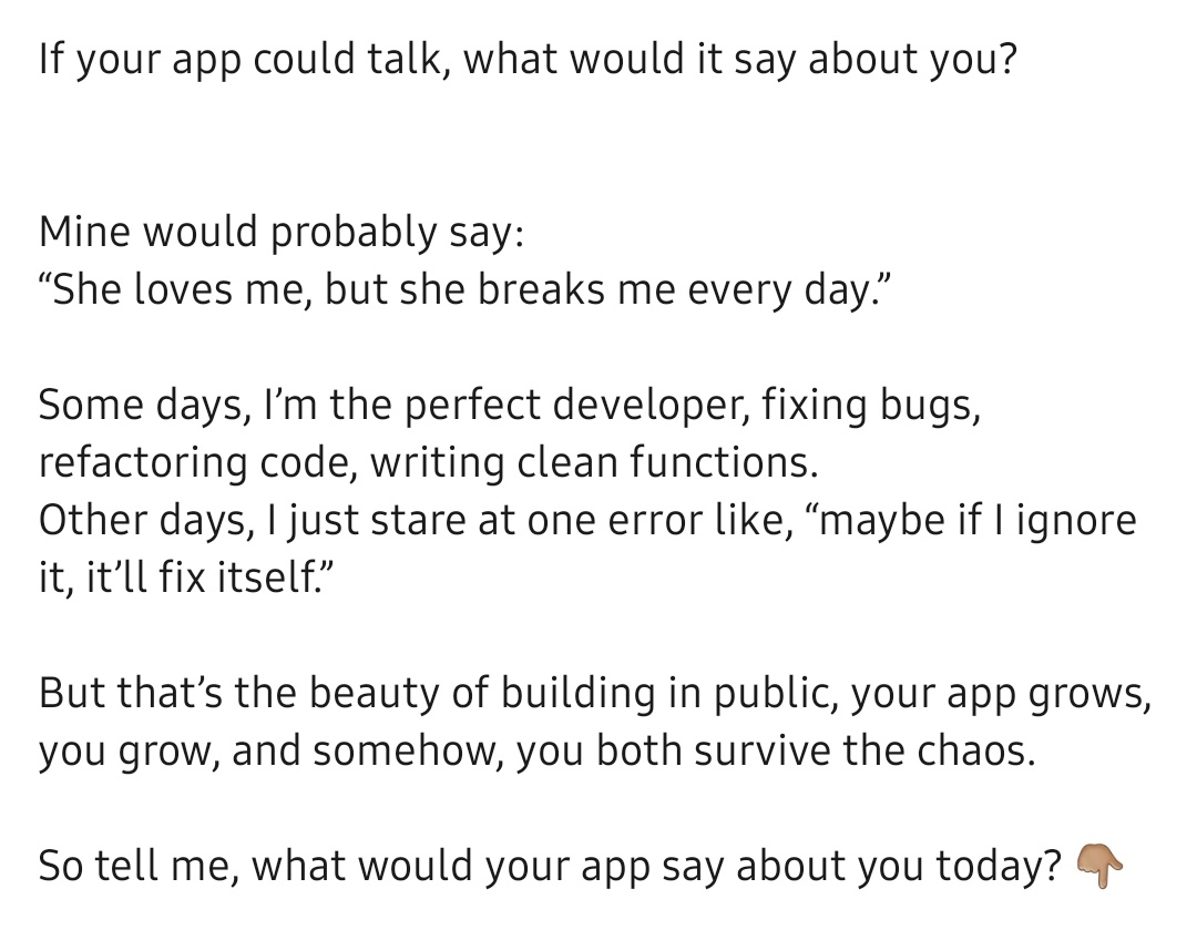 xanrita's tweet image. On another episode of my journey as a developer, what would your app say if it could talk? 

#viral #developer #programminglanguages #JavaScript #code #coding #journey