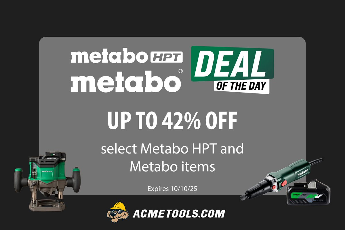 Last call for serious savings! 🚨

You can save up to 42% OFF select Metabo and Metabo HPT tools. Get the professional-grade power you need for less!

This deal expires October 10, 2025 at 11:59 PM CT.

Shop the entire sale before it ends:

LINK: acmetools.com/all/?pmid=25b2…