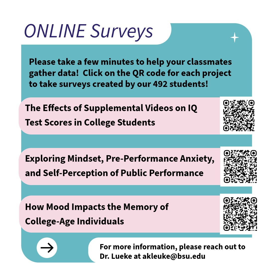 🧠 Got opinions? We’ve got questions!  Dr. Lueke's PSYS 492 students are running research surveys, and your input = science in action!  Take a few, flex those brain cells, and help turn curiosity into discovery 🔍✨