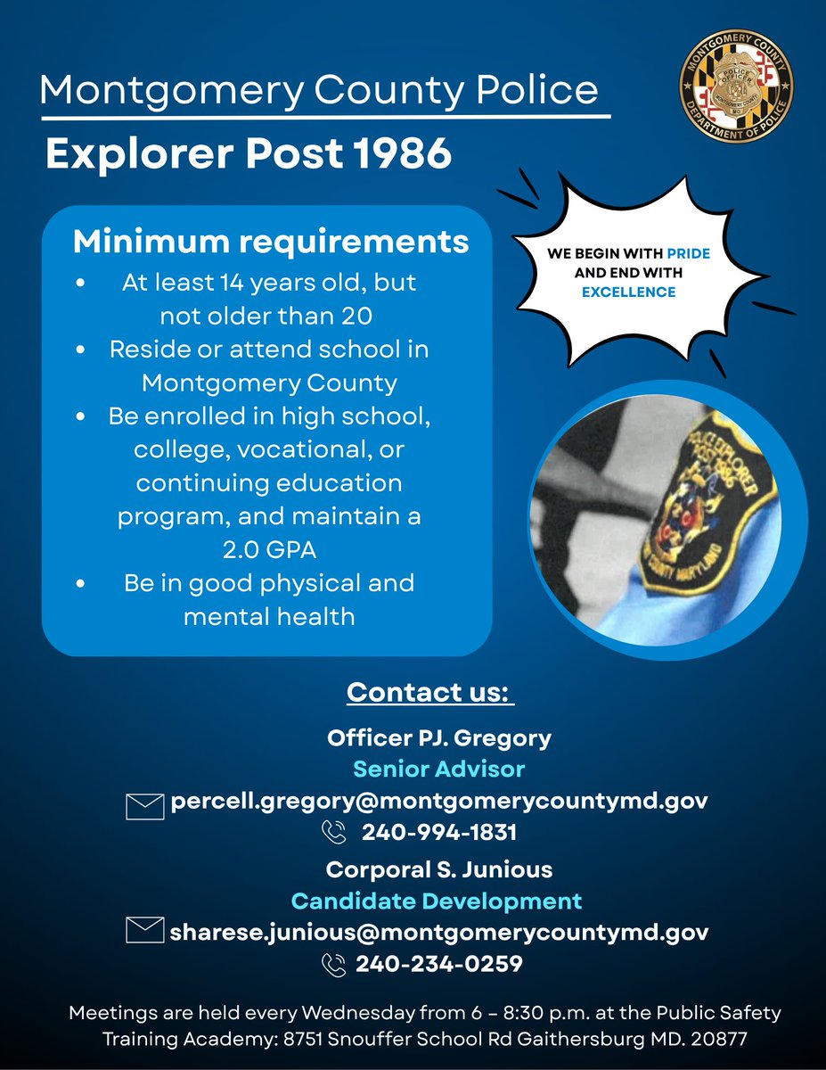 mcpnews's tweet image. Interested in law enforcement? 🚓
MCPD Explorer Post 1986 is now accepting members ages 14–20 who live or attend school in Montgomery County!
Gain hands-on experience, leadership skills, and mentorship from MCPD officers.
📅 Wednesdays, 6–8:30 p.m.
#MCPD #MCPNews #Explorers