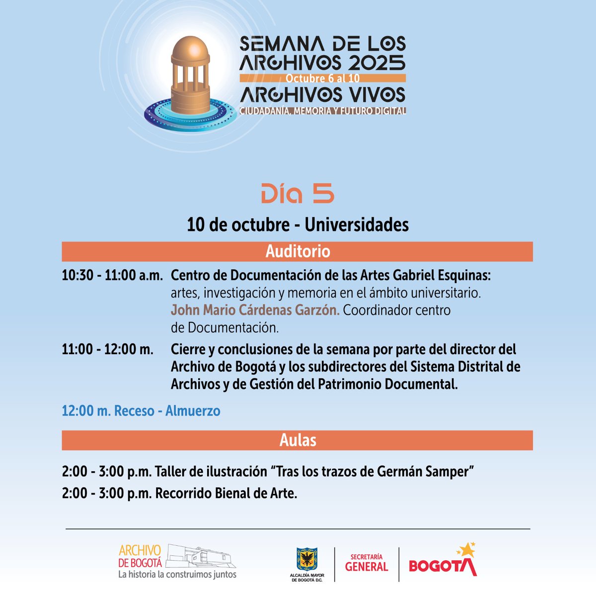 Hoy quinto y último día de conmemoración de la #SemanaDeLosArchivos2025 🥳🥳🥳 Aún puedes participar de las conferencias y los talleres.
¡Te esperamos!