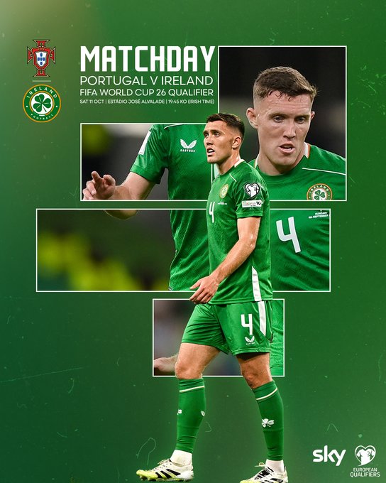 Graphic design with Portuguese flag and crest on left side Irish flag and shamrock crest on right side bold text Matchday Portugal v Ireland FIFA World Cup 26 Qualifier. Multiple panels show young male athlete in green Ireland kit with number 4 on jersey standing arms raised in one close-up profile view in another walking on field in third. Bottom section displays Ireland kit details green jersey shorts socks with sponsor logos VfL and Sky.