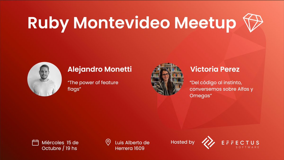 Ruby Uruguay (@rubymontevideo) on Twitter photo Ruby Montevideo Meetup time! 💎🇺🇾
We’re back on Wednesday, October 15th at <a href="/effectusok/">Effectus Software</a> 🔥
This round features Alejandro and Victoria, bringing fresh insights and inspiration to the stage 🎙️
Come hang out, learn, and connect with the Ruby community!
meetup.com/ruby-montevide… Ruby Montevideo Meetup time! 💎🇺🇾
We’re back on Wednesday, October 15th at <a href="/effectusok/">Effectus Software</a> 🔥
This round features Alejandro and Victoria, bringing fresh insights and inspiration to the stage 🎙️
Come hang out, learn, and connect with the Ruby community!
meetup.com/ruby-montevide…