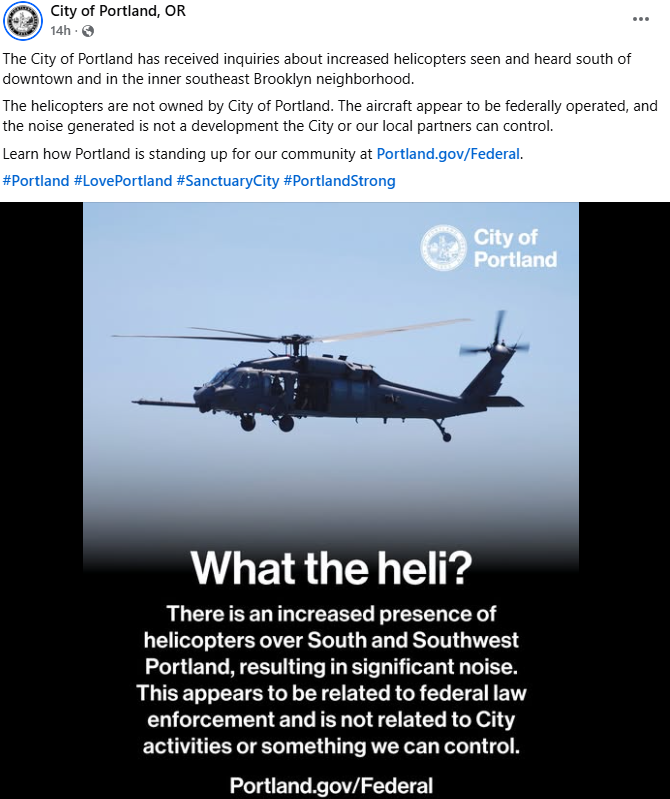 MayorLeeHarris's tweet photo. Many Memphians have noticed similar helicopters circling Downtown and hovering low over neighborhoods. Like @PortlandGov said, what is going on? Our administration has received no information about why a military-style helicopter has been circling the city. #FreeTennessee https://t.co/mVokv0dLzK