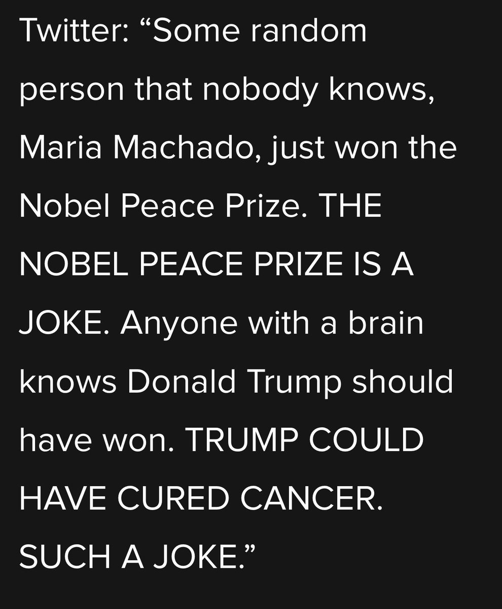 bluelacepc's tweet photo. What bunch of fucking cry babies. You have to do good to get Nobel Peace Prize.  Trump has done nothing good for people except his rich friends. https://t.co/Qyj1mGJoFH
