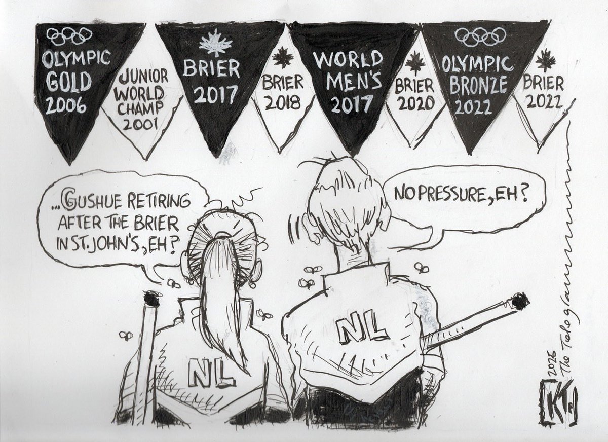 The legend is retiring. 
Newfoundland and Labrador’s Brad Gushue is one of Canada’s greatest-ever curlers…he’s hanging up his broom at the end of this season. 
No pressure, ‘eh?
My cartoon this week in <a href="/StJohnsTelegram/">The Telegram</a> <a href="/BradGushue/">Brad Gushue</a>