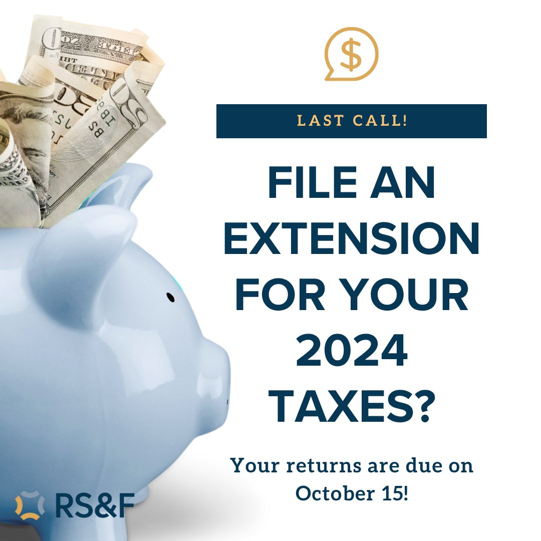 RSandFLLC's tweet photo. Reminder! The final 2024 tax deadline is almost here — October 15. ⏰  

Don’t be short on taxes and risk unnecessary penalties! 

#TaxDeadline #TaxStrategy #RSF https://t.co/Ux4S2hGIwL