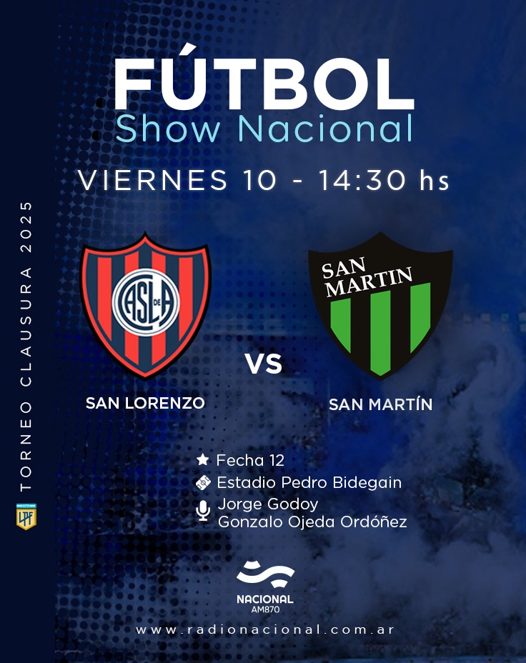 futbolshow870's tweet photo. #FútbolShowNacional | ¡Arranca la 12° fecha del Torneo Clausura y la vivís por @NacionalAM870 !⚽ 

Desde las 14:15 hs, transmitimos #SanLorenzo vs #SanMartindeSanJuan  en #AM870 📻

Relata @JorGodoy comenta @goojeda 
Vestuarios @julinatalutti
   
 📻AM870
#TuRadio https://t.co/rZvWun1v0J