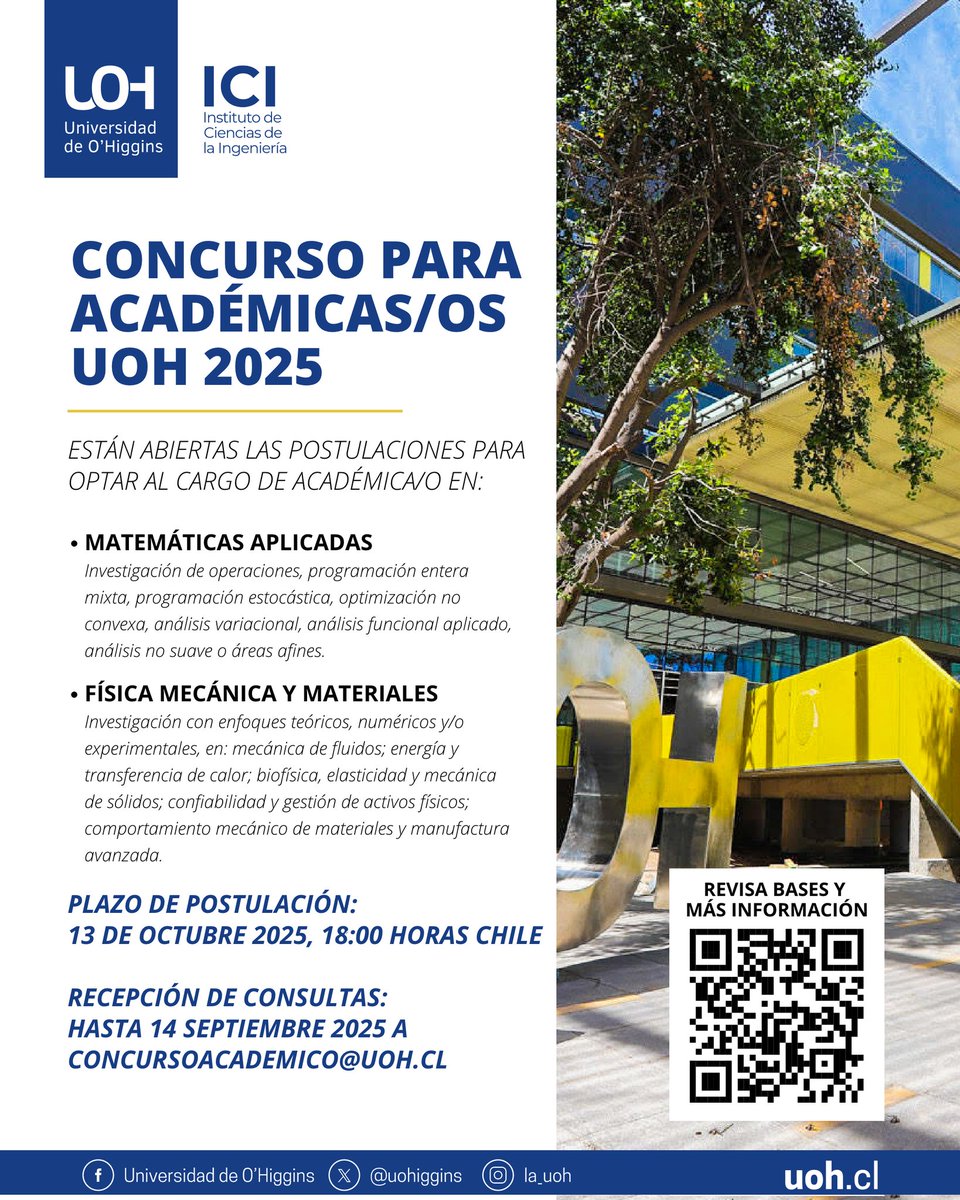 ¡Aún puedes ser parte d ella UOH! 🙋🏻‍♀️
El Instituto de Ciencias de la Ingeniería de la UOH te invita a postular al concurso académico 2025.
 Tenemos cupos exclusivos para mujeres🙋🏻‍♀️ en 4 de nuestras líneas de investigación y 2 cupos mixtos. 
Postula Aquí 📝: uoh.cl/concurso-acade…