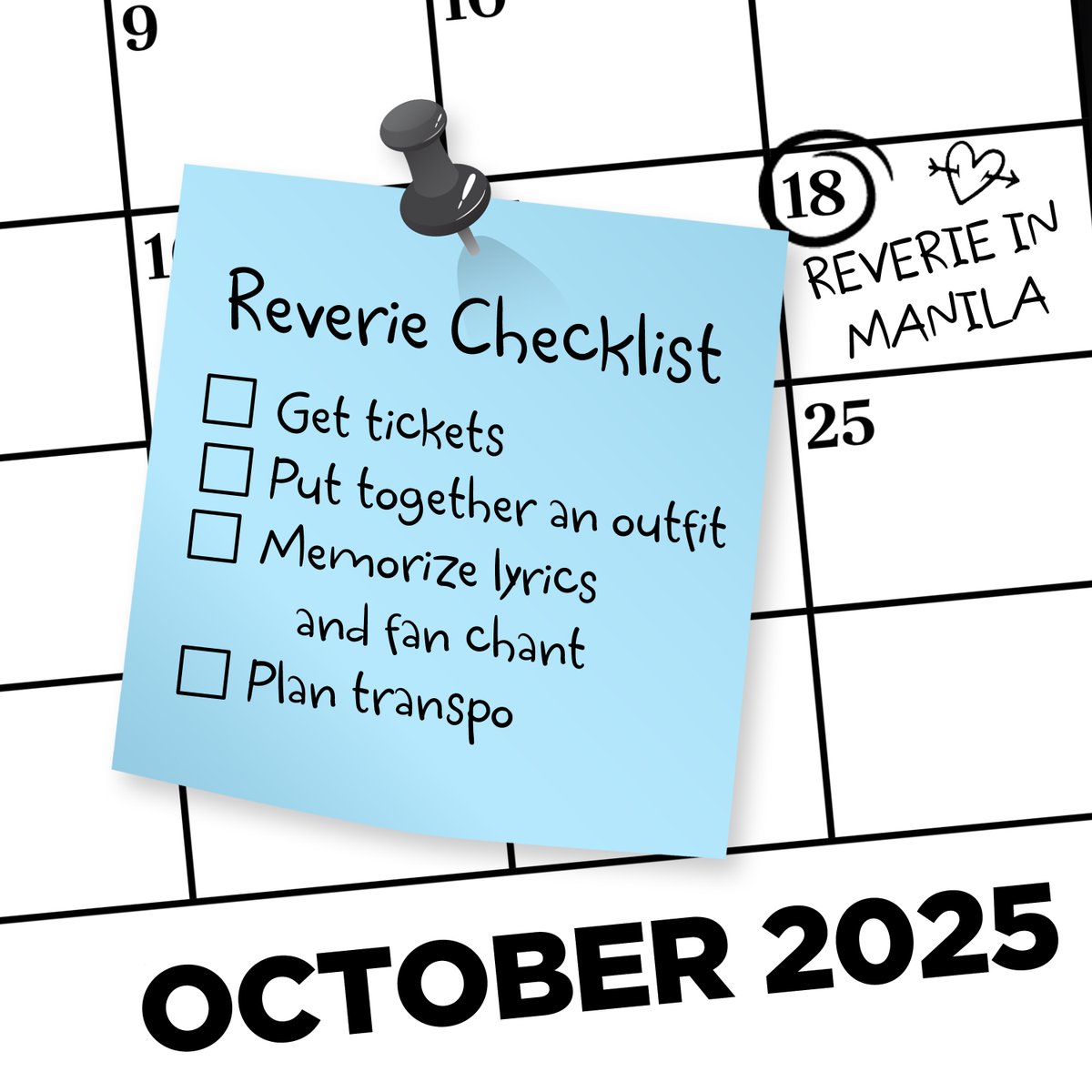 S9TConcert's tweet image. We hereby declare October as REVERIE MONTH ☁️💙

Few days left &apos;til the concert! It&apos;s time to start prepping ⏳ We made a checklist to help you get ready. Which ones have you ticked off?

For experienced concert-goers, what advice would you give first-timers so they can be more…