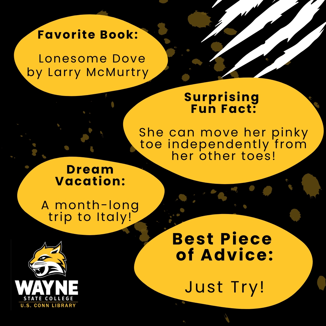 ConnLibrary's tweet image. 📚✨ Staff Spotlight: Charissa Loftis ✨📚
Meet Charissa — your go-to for research help and all things reference at Conn Library!
She’s passionate about connecting students with the resources they need to succeed.
#LibrarySpotlight #WayneStateCollege
