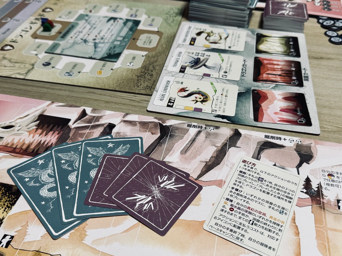 ingamori's tweet image. 【 #Wyrmspan 】
#ワイアームスパン 
#ボードゲーム #ボドゲ

友達が遊びに来たので
夫氏と3人でドラゴン集め！🐉

一体どんなドラゴン達が
待ち受けているのだろうか…

餌とコインを支払って、
格好良い系、可愛い系、獰猛系…
色んなドラゴンを手懐けよう！