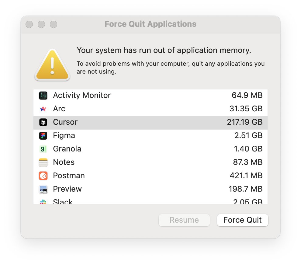 Joe Reeve - π¬π§/acc (@isnit0) on Twitter photo I love Cursor. It's so good it can use RAM that doesn't even exist on my Mac. I love Cursor. It's so good it can use RAM that doesn't even exist on my Mac.