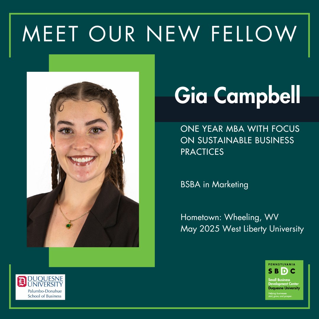 Welcome Gia Campbell from the Duquesne University Palumbo Donahue School of Business. Gia is pursuing her MBA and will be contributing to the consulting of our small business clients

Read about our staff - sbdc.duq.edu

#dusbdc #pasbdc #fellows #smallbusinesssupport