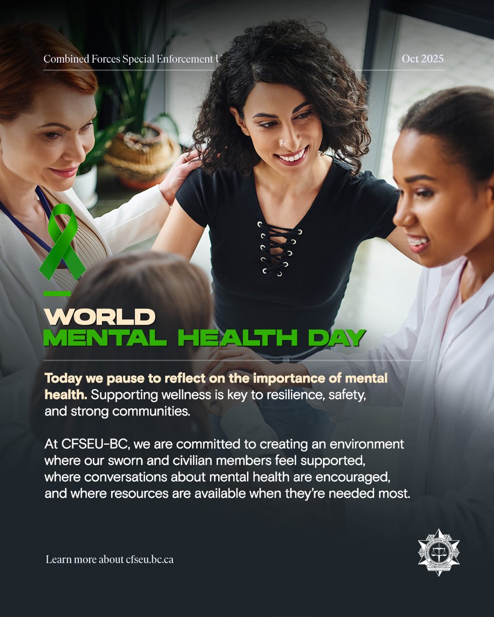 cfseubc's tweet image. 🧠 Today is #WorldMentalHealthDay.
Strong communities start with mental wellness. 💪
💬 If you or someone you know is in crisis, dial 988 in Canada or call 911.
👉 Learn more: who.int/campaigns/worl…
#Wellness #CommunitySafety