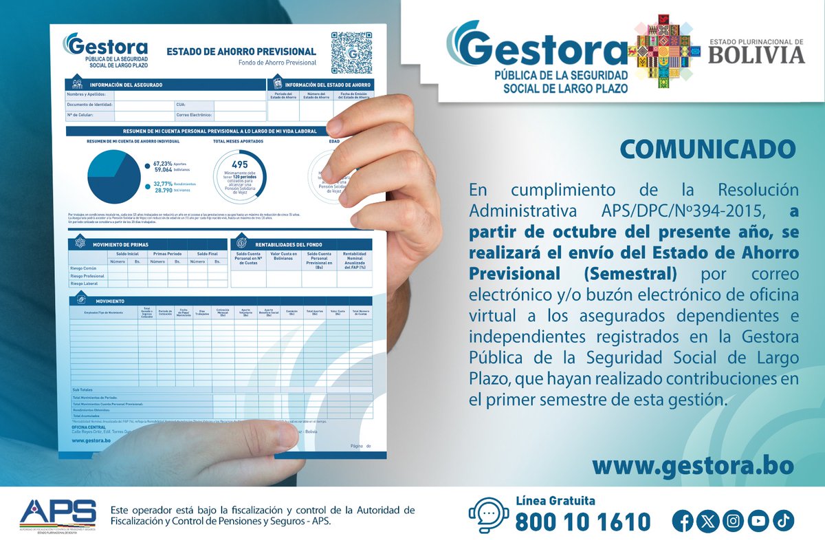 🧏🏼‍♂️Tome Nota 
A partir de la Fecha la Gestora Pública enviará los Estados de Ahorro Previsional SEMESTRAL por correo electrónico o buzón electrónico de oficina virtual a los asegurados del Sistema Integral de Pensiones
#LaGestoraSiemprePensandoEnTi