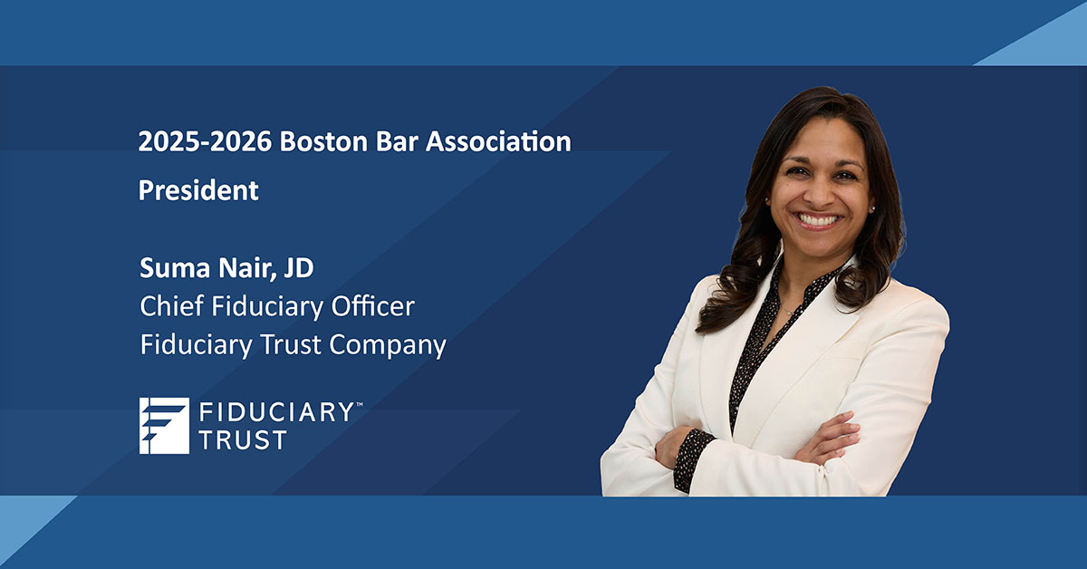 A warm congratulations to Suma Nair, JD, our Chief Fiduciary Officer, on beginning her term as President of the <a href="/BostonBar/">BostonBar</a>! We look forward to her continued leadership of our Trust &amp; Estates legal team and her contributions to the Boston legal community. bit.ly/3J5fOkz