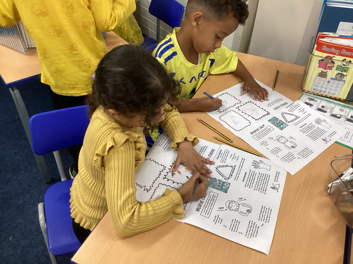 StHildasBury's tweet photo. To celebrate #HelloYellowDay Year 2 looked at some different strategies they could use to help them when they are feeling worried, upset or anxious! They also read The Magical Yet by @angeladiter to remind them of having a positive mindset! @YoungMindsUK https://t.co/9qzPj1LOZj