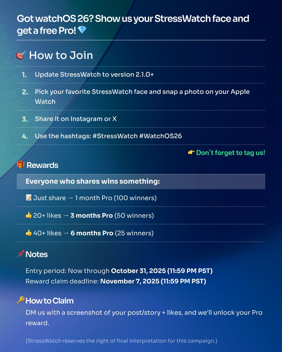 StressWatchapp's tweet photo. 📣 StressWatch x watchOS 26 Giveaway!
Got watchOS 26? Show us your StressWatch face and get a free Pro!💎#stresswatch #applewatch #iOS26 https://t.co/kZ8D0l52HU