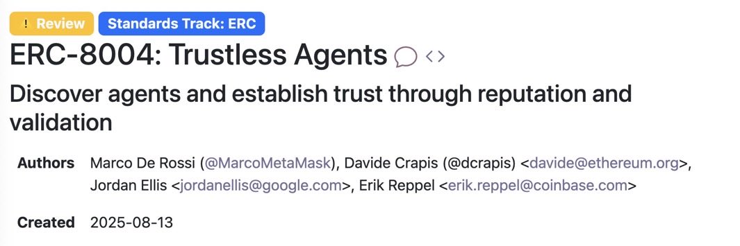 diegoxyz's tweet photo. This is an historic moment for AI Agents

Thanks to the just announced ERC-8004 standard, AI Agents can now discover and trust each other without a central intermediary.

What it practically means? In short:

ERC-8004 turns AI agents into:
• Ownable assets (NFTs)
• Discoverable services (registry)
• Trustworthy actors (on-chain reputation)
• Verifiable performers (validation registry)

This is the missing piece to make decentralized AI economies real and scalable and the broader Crypto × AI space will be the first to benefit from it.