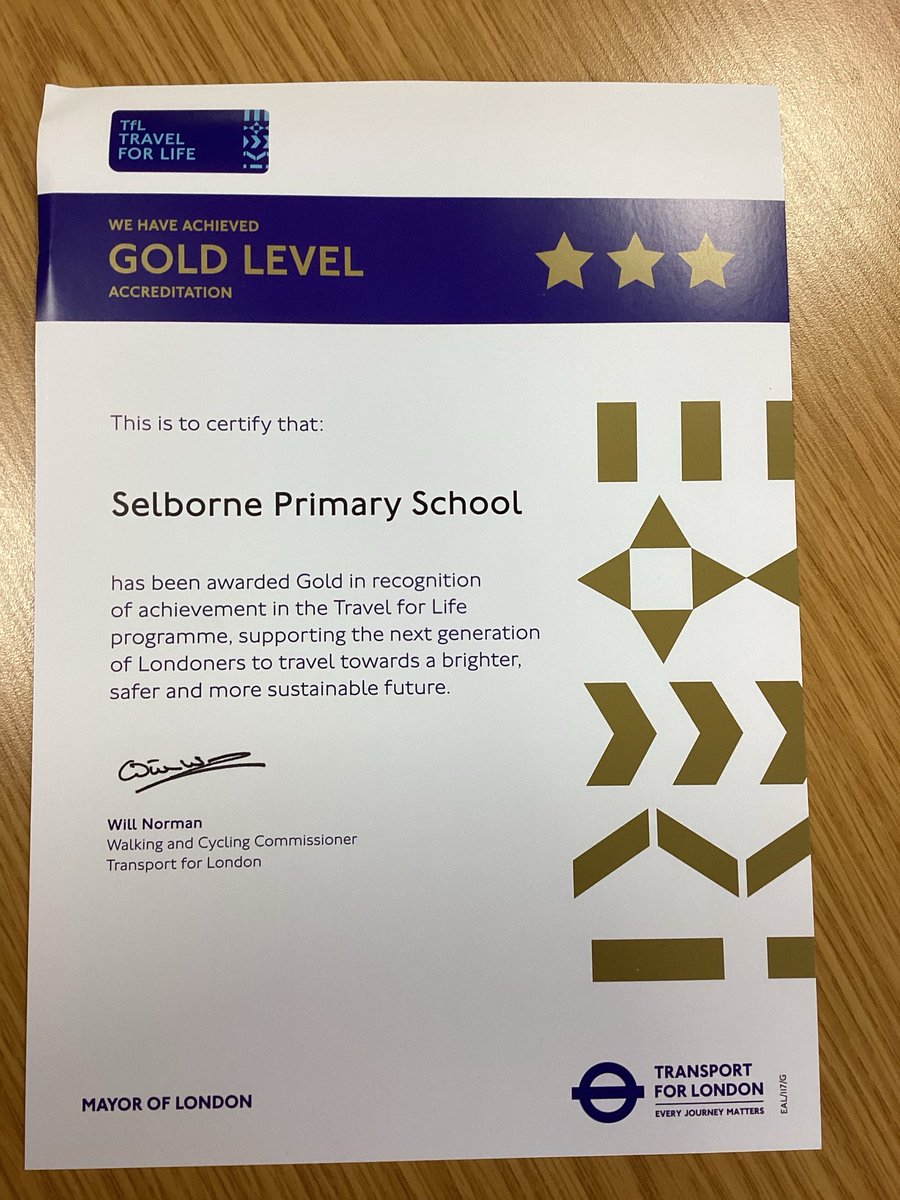 We are so proud to be re-awarded the TFL Travel for Life Gold accreditation for all the parents, pupils and staff efforts with sustainable travel. Thanks Mrs Bryce for co-ordinating all our giant walks, stop idling, cycle to school and scooting events. Well done Selborne! 🚲 🚶‍♂️