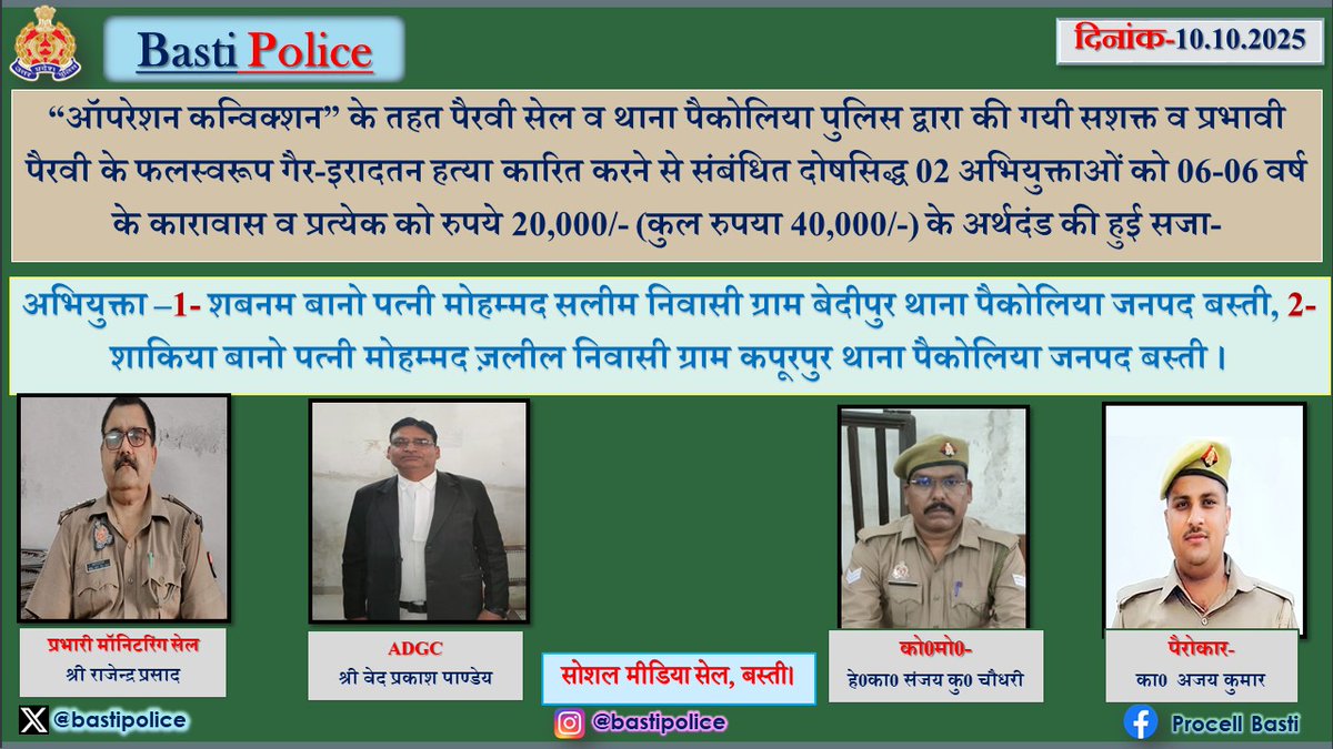 bastipolice's tweet image. #BastiPolice “ऑपरेशन कन्विक्शन” के तहत पैरवी सेल व थाना पैकोलिया पुलिस द्वारा की गयी सशक्त व प्रभावी पैरवी के फलस्वरूप गैर-इरादतन हत्या कारित करने से संबंधित दोषसिद्ध 02 अभियुक्ताओं को 06-06 वर्ष के कारावास व प्रत्येक को रुपये 20,000/- (कुल रुपया 40,000/-) के अर्थदंड की हुई सजा-