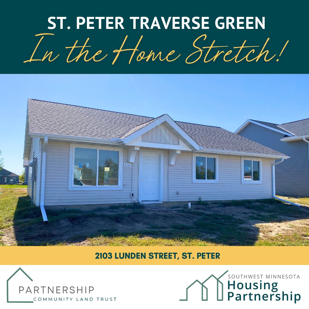 Big progress in Traverse Green, St. Peter! 🏡 5 homes nearly done — 3 affordable PCLT &amp; 2 market-rate. 

Featured: 2103 Lunden St., a 4-bed/2-bath home built for beauty &amp; affordability. 

Learn more: elizabethh@swmhp.org | 💻 swmhp.org

#AffordableHousing #PCLT