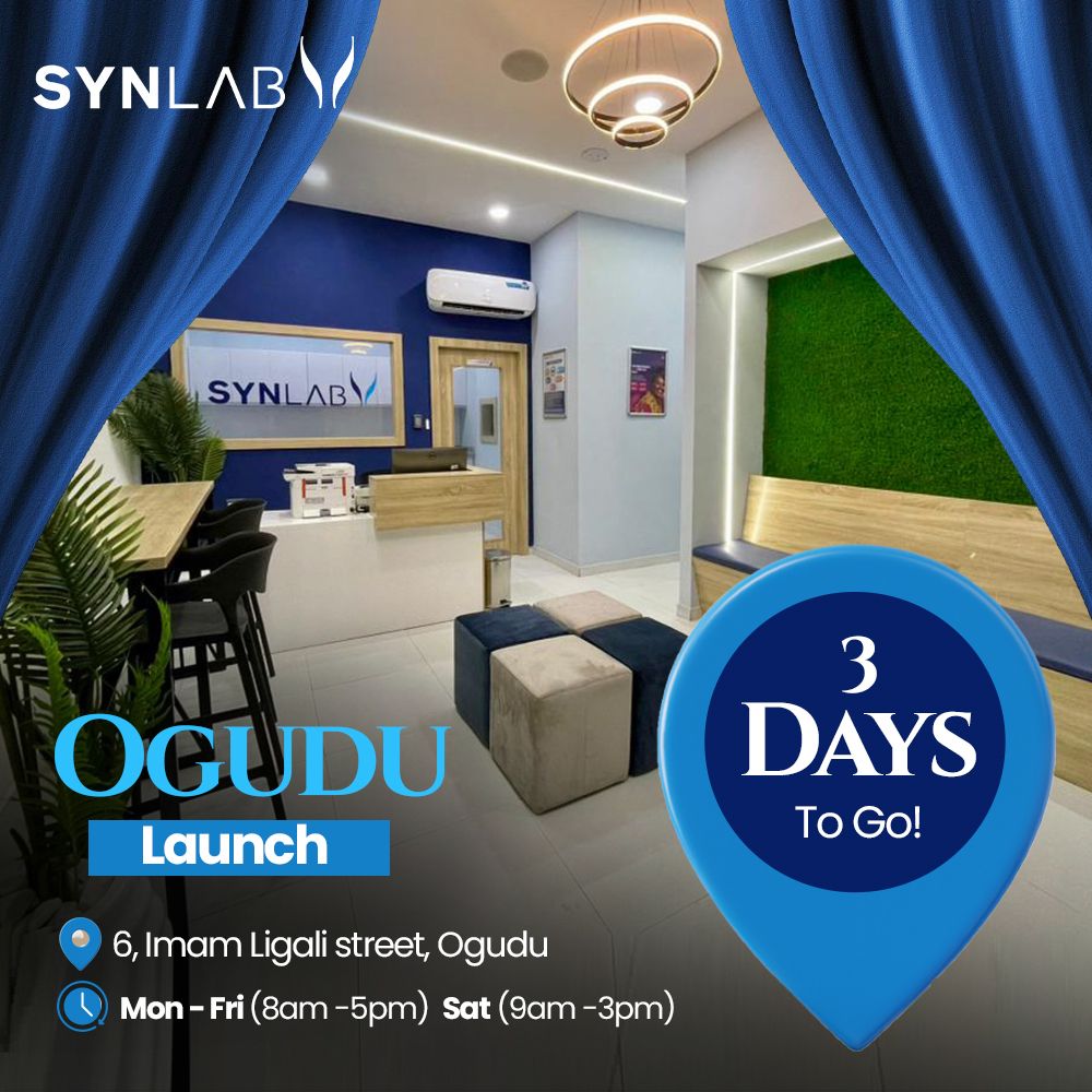 📍 New in Ogudu!
Only 3 days to go till SYNLAB opens its doors, bringing trusted healthcare even closer.
✅ Accurate results
✅ Fast service
✅ Expert care
📍 6, Imam Ligali St., Ogudu
🕘 Mon–Fri: 8AM–9PM | Sat: 9AM–3PM
#SYNLABOgudu #NewLocation #HealthcareMadeEasy #SYNLABNigeria