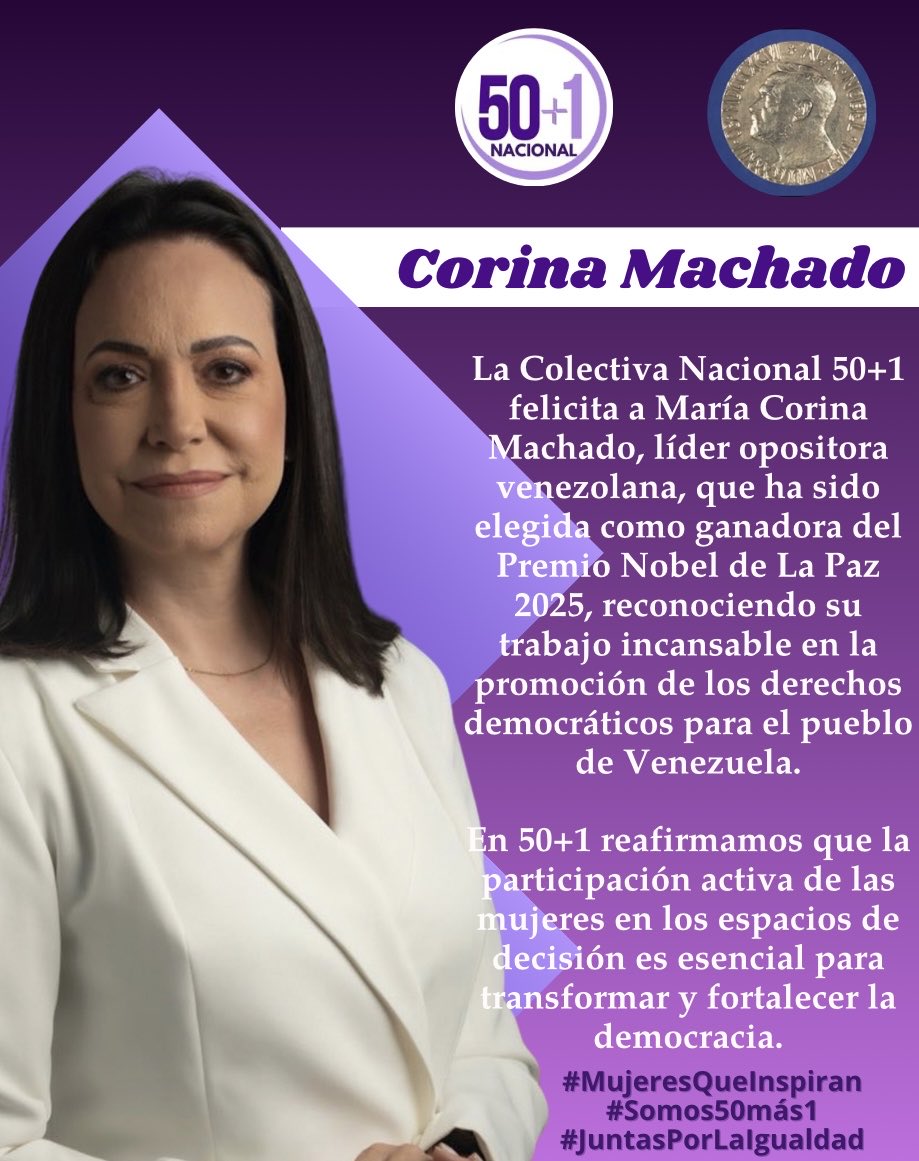 La Colectiva Nacional 50+1 felicita a María Corina Machado <a href="/MariaCorinaYA/">María Corina Machado</a>, líder opositora venezolana, que ha sido elegida como ganadora del Premio Nobel de La Paz 2025 <a href="/NobelPrize/">The Nobel Prize</a>, reconociendo su trabajo incansable en la promoción de los derechos democráticos para el pueblo de