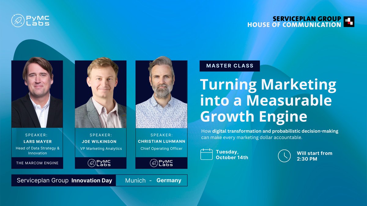 pymc_labs's tweet image. Can AI run your marketing engine?
Join #PyMC Labs, Plan.Net Group & THE MARCOM ENGINE at #InnoDay25 to explore how Bayesian agents orchestrate the entire marketing value chain — turning marketing into a measurable growth engine.
🔗 dub.link/w9cogEJ