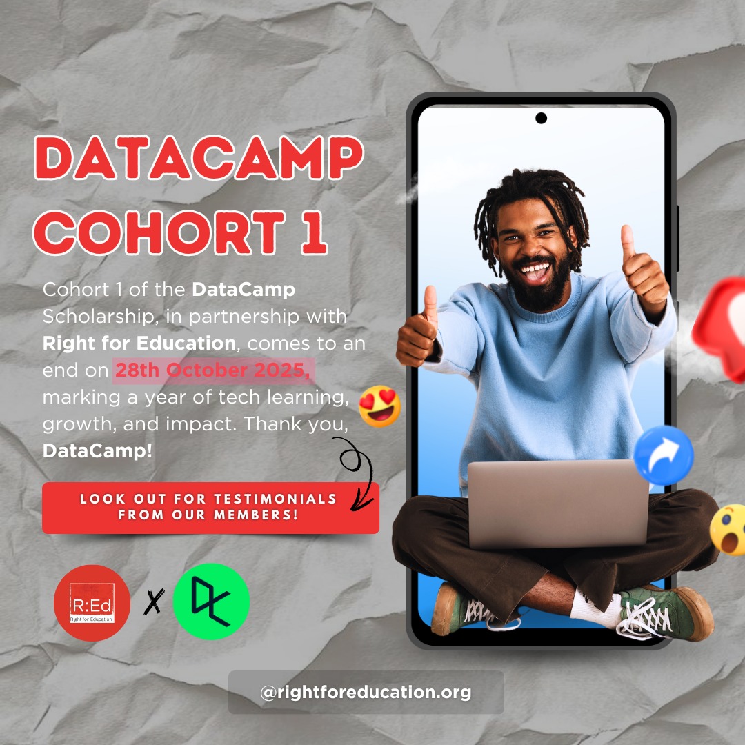 RightForEdu's tweet image. 💻 A year of learning, coding, and data power!
The DataCamp Scholarship with Right for Education wraps up on 28 Oct 2025, our first cohort grew into true tech changemakers. 🚀

Ready to shape your future with tech? Stay tuned for what’s next.

#TechForChange #REDxDataCamp
