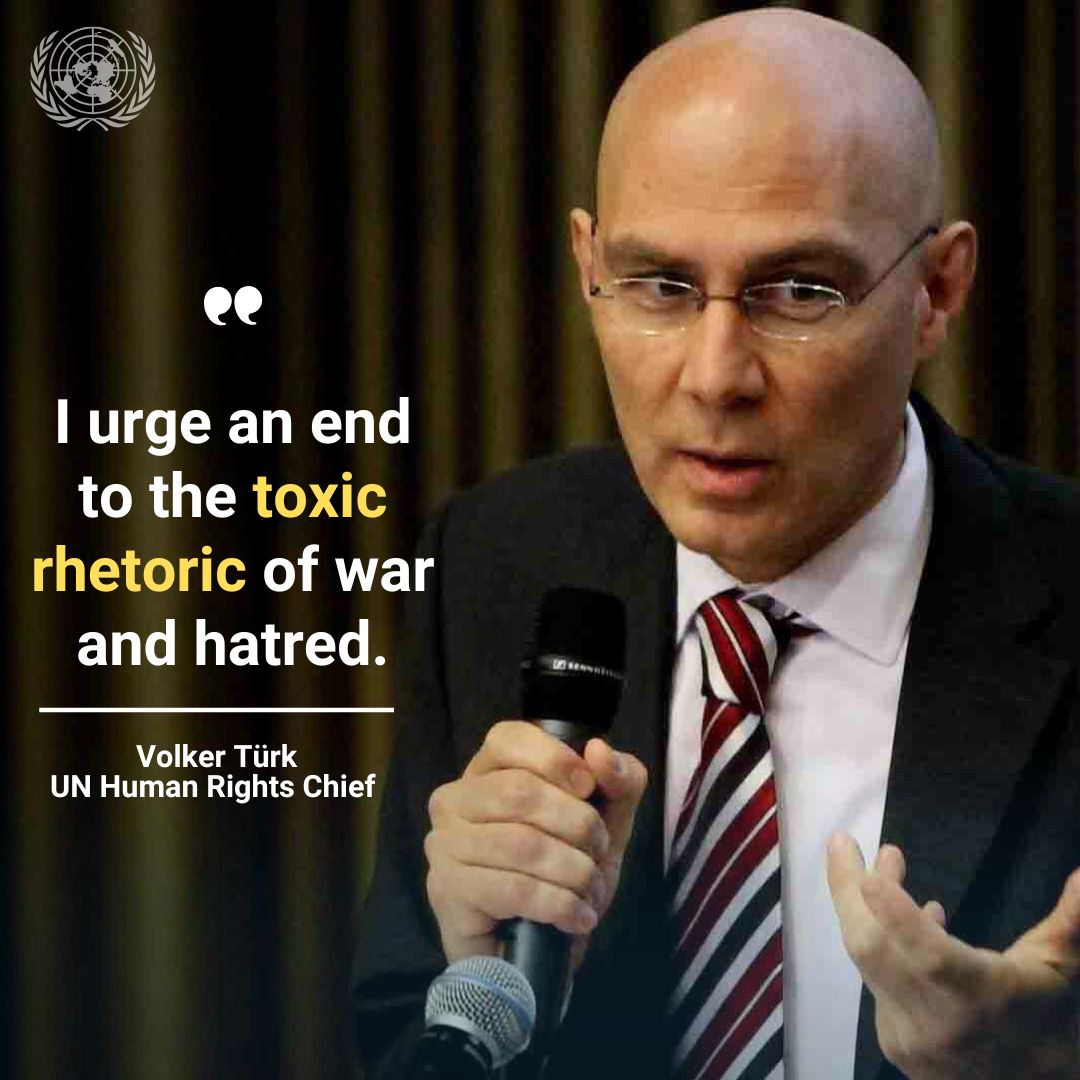 United Nations Geneva (@ungeneva) on Twitter photo "I urge an end to the toxic rhetoric of war and hatred.
Fulfilling the Palestinian people’s right to self-determination and ensuring Palestinians and Israelis can live in peace and security, must remain the ultimate goal of the process."
- <a href="/volker_turk/">Volker Türk</a> "I urge an end to the toxic rhetoric of war and hatred.
Fulfilling the Palestinian people’s right to self-determination and ensuring Palestinians and Israelis can live in peace and security, must remain the ultimate goal of the process."
- <a href="/volker_turk/">Volker Türk</a>