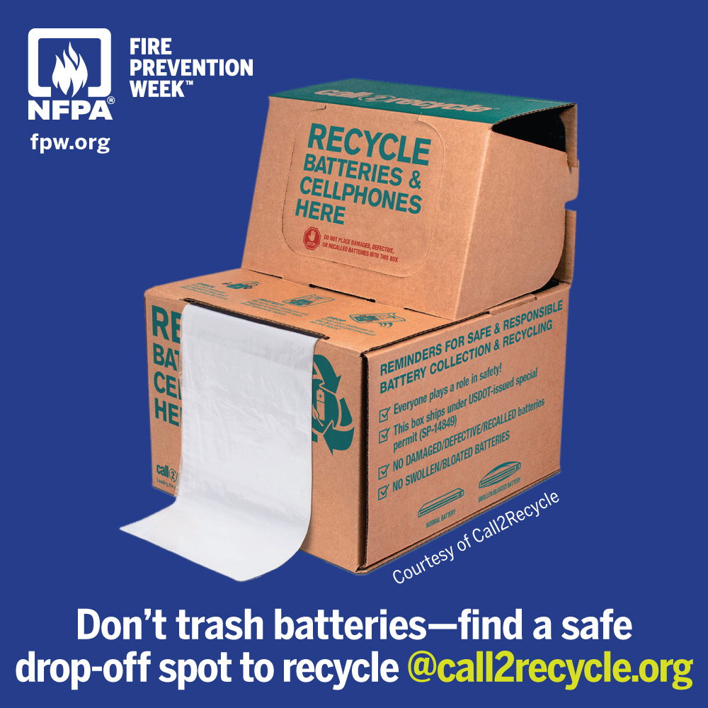 EdenPrairieFD's tweet image. 🔥Oct. 5–11 is Fire Prevention Week.🔥

Don’t trash lithium-ion batteries—they can spark fires. Recycle at approved locations; check out  call2recycle.org. Learn more at fpw.org.

#EPFD #FirePreventionWeek #BatterySafety