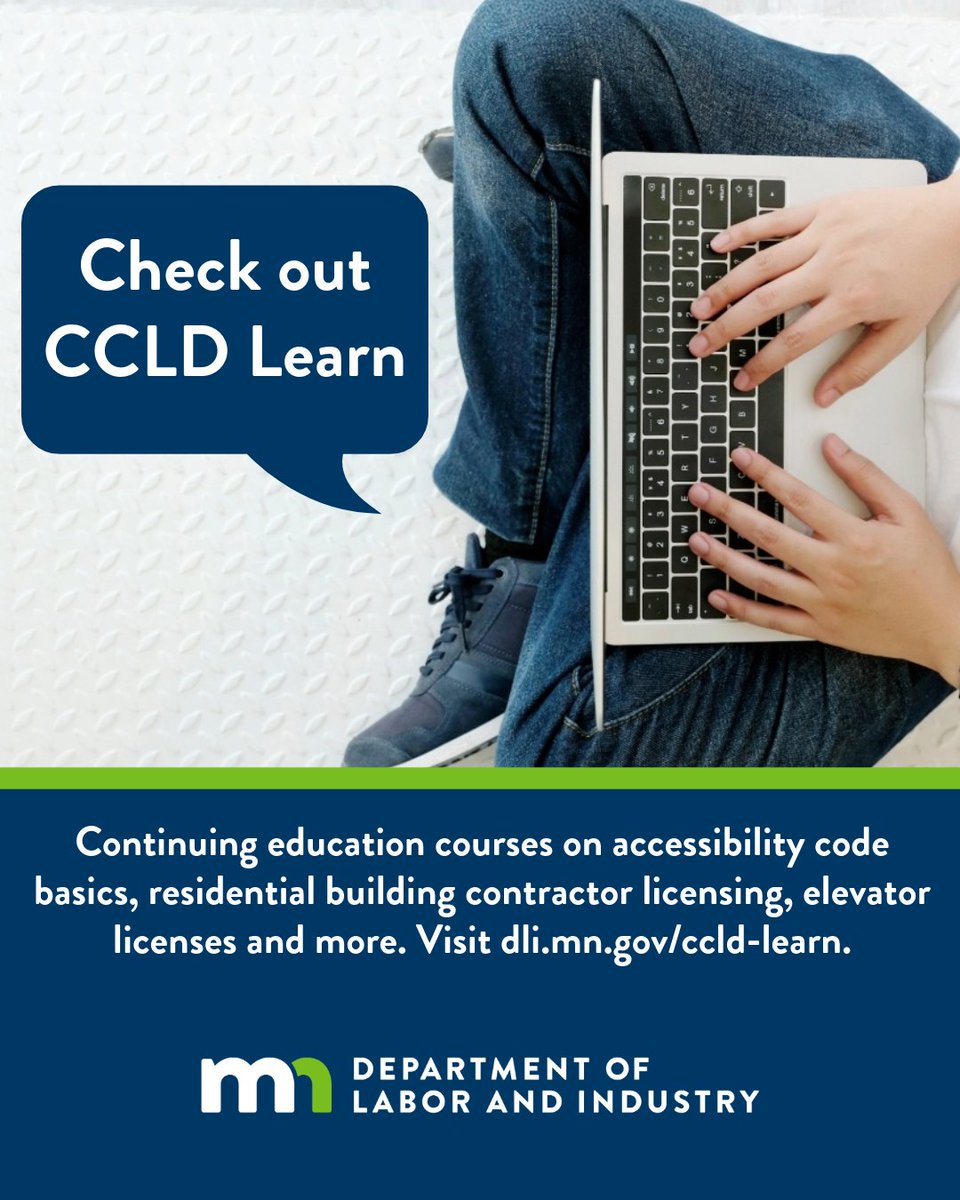 Looking to grow your knowledge in construction codes and licensing? CCLD Learn offers on-demand training for building professionals.

Visit dli.mn.gov/ccld-learn 
#CCLD #MNConstruction #ContinuingEducation