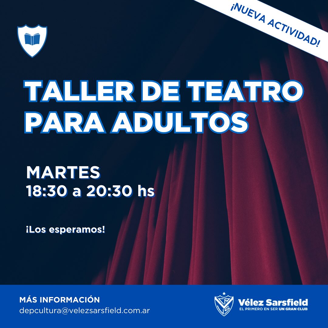 🎭 ¡Nuevo taller de teatro!

Clases gratuitas para socios los días 21 y 28 de octubre en el Salón Bajo Oeste.

📩 Inscribite por mail a depcultura@velez.com.ar, WhatsApp 1122661000 (opción 8) o por DM de Instagram.

#SomosVélez #SomosCultura
