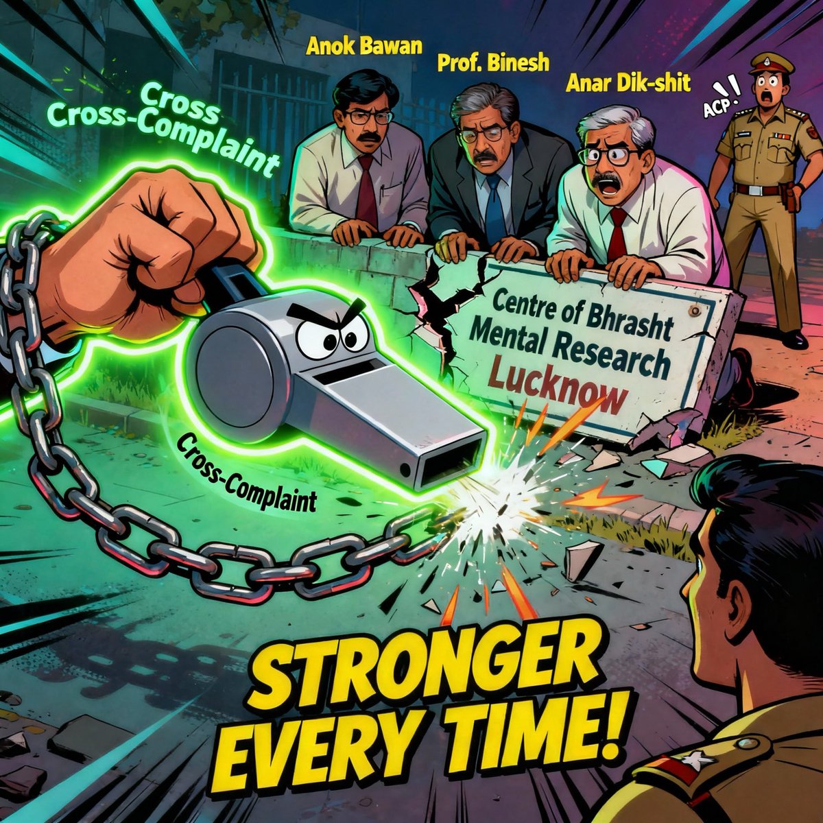 Summoned by ACP on a cross-complaint filed against my genuine corruption complaint! Against Prof. Binesh,Admin Officer Anar Dixit &amp; Director Anok Bawan of th Centr of Bhrasht Mental Research Lucknow.
Trying hard 2 suppress th truth
But every time thy push me down -I rise strongr.