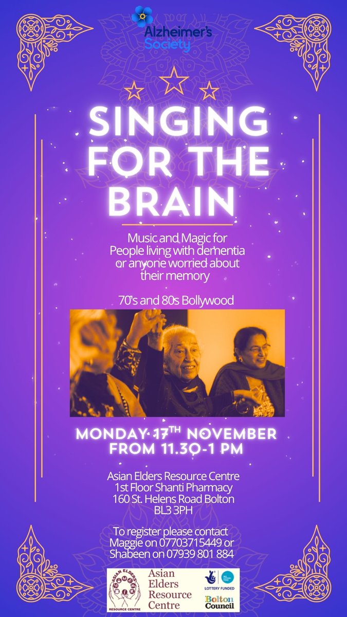 🎶 Singing for the Brain – Bollywood tunes &amp; memory magic for those living with dementia or concerned about memory.

📅 Mon 17 Nov | 🕦 11:30AM - 1PM
📍 Asian Elders Resource Centre, Bolton
📞 Maggie: 07703 715449 | Shabeen: 07939 801884

#DementiaAwareness #Bolton