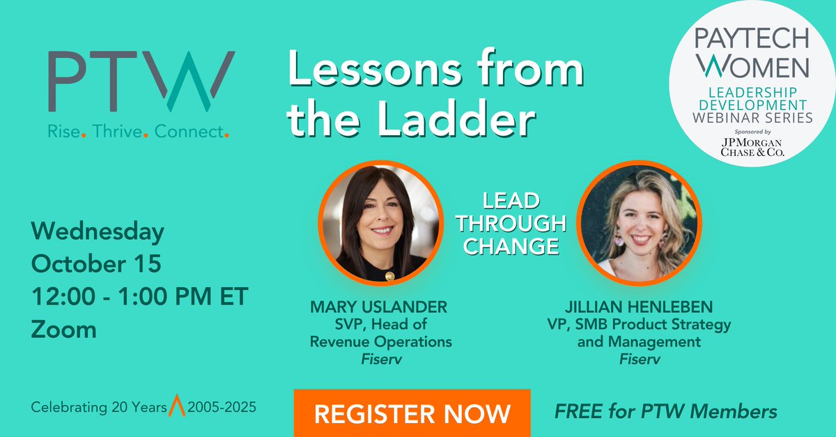 Register now for BONUS Oct. webinar:
💡Lessons from the Ladder
📅10/15, 12PM ET
🔗 bit.ly/3WgTh7n
🎤<a href="/Fiserv/">Fiserv</a> leaders re: build influence &amp; leadership legacy
Free for #PTWomen Members-all welcome!
#RiseThriveConnect #paytech #payments #fintech #banking #financialservices