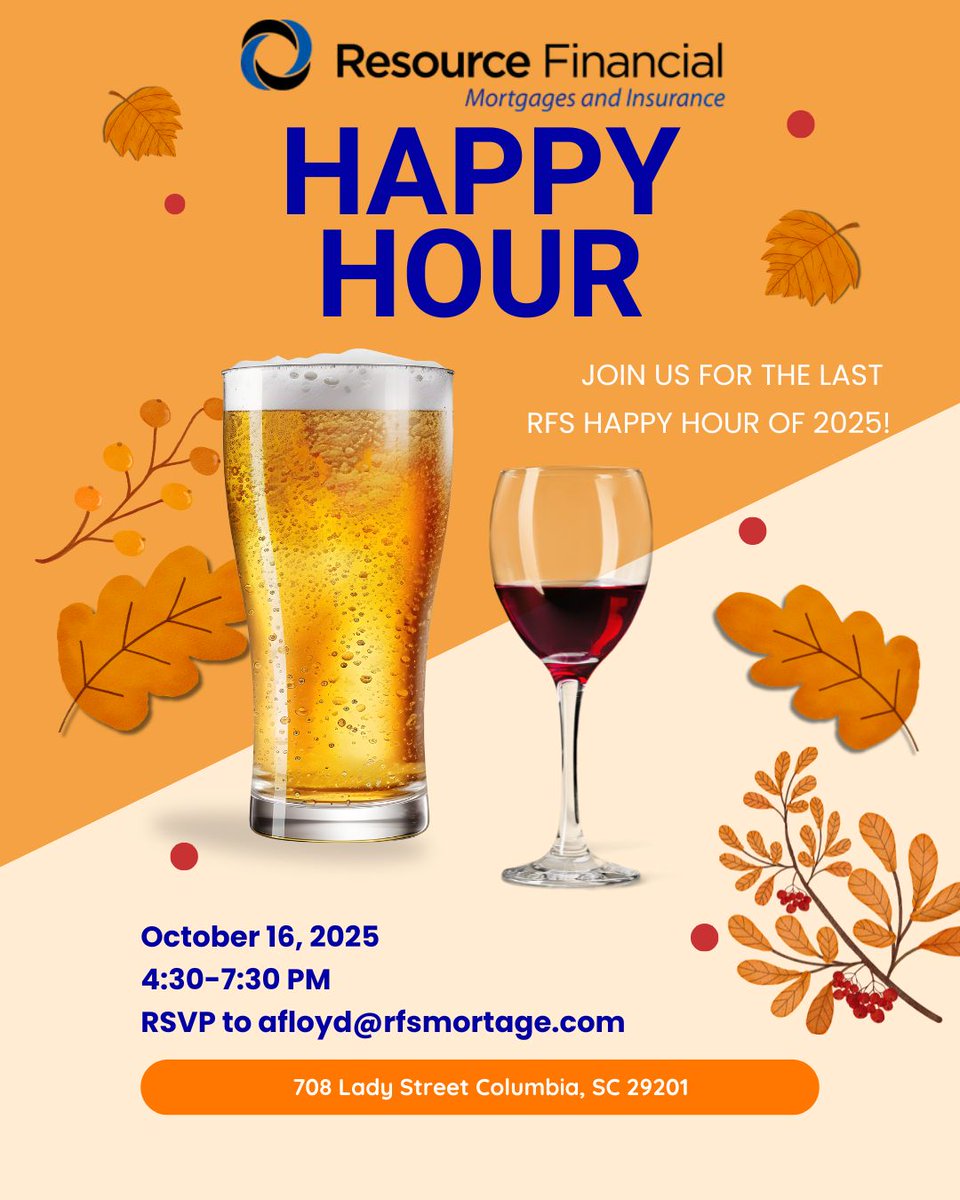 Resource Financial Services, Inc. (@resourcefs) on Twitter photo Join us at the final RFS Happy Hour of 2025!
📅 October 16 | 🕓 4:30–7:30 PM | 📍708 Lady Street, Columbia, SC
RSVP: afloyd@rfsmortgage.com Join us at the final RFS Happy Hour of 2025!
📅 October 16 | 🕓 4:30–7:30 PM | 📍708 Lady Street, Columbia, SC
RSVP: afloyd@rfsmortgage.com