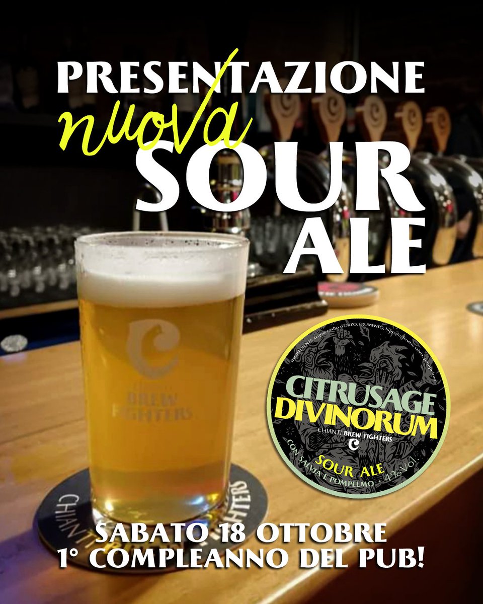Chianti Brew Fighters Pub compie 1 anno! 🍻
Sabato 18 ottobre dalle 17 in via Pisana, Firenze
Birre artigianali 🍺, la nuova Citrusage Divinorum sour ale, 🍔 street food e 🎧 DJ set con Lawrence Kaos fino a tarda notte pintamedicea.com/birra/evento/c…
