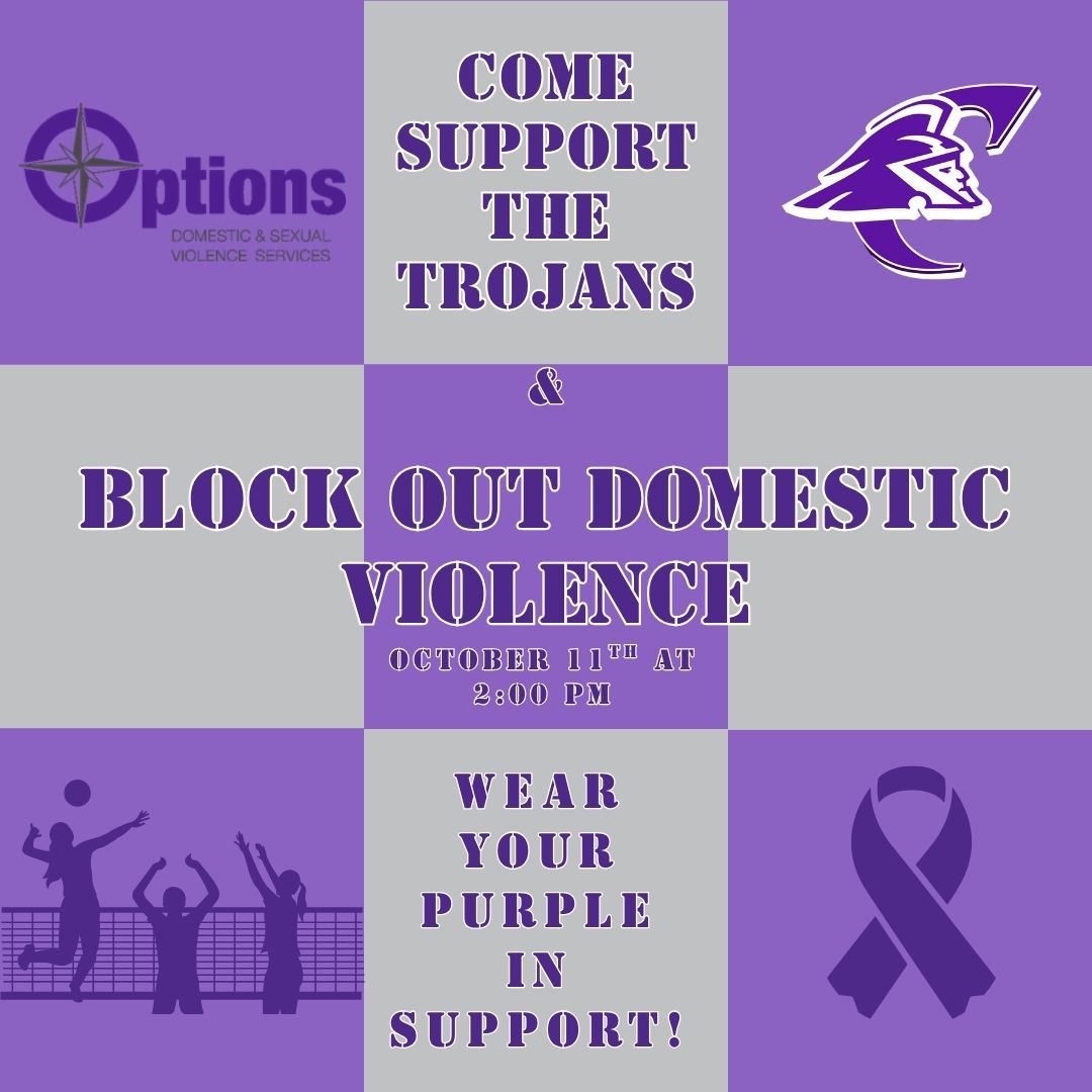 Hey Trojan fans! Mark your calendars for Saturday, October 11th, at 2:00 pm as our Trojan Volleyball team takes on the Hutchinson CC Grizzlies! We're partnering with Options to fill the stands with purple in support of Blocking Out Domestic Violence.
#IAmCCC #TrojanVolleyball